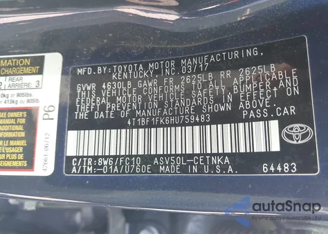 2017 Toyota Camry Le from USA, damaged, VIN 4T1BF1FK6HU759483